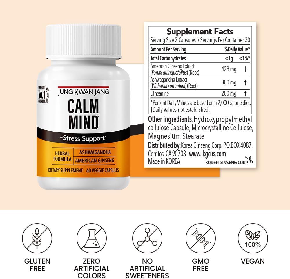 JungKwanJang Calm Formula Supplement with Ashwagandha, American Ginseng, and L-Theanine - 60 Capsules for Men and Women
