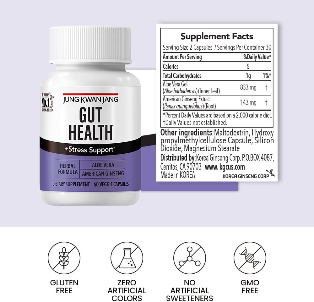 JungKwanJang Gut Health Support Capsules with Aloe Vera & American Ginseng - 833mg - Digestion & Immunity - 60 Capsules