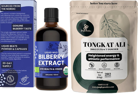 Jungle Powders Tongkat Ali 200:1 Extract & Organic Wild Bilberry Supplement for Men's Health and Eye Support