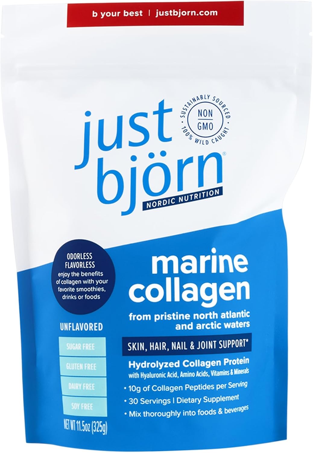 Just Bjorn Marine Collagen Peptides Powder with Hyaluronic Acid and Vitamin C for Skin, Hair, Nails, and Joints - Unflavored - 30 Servings - 11.5 oz