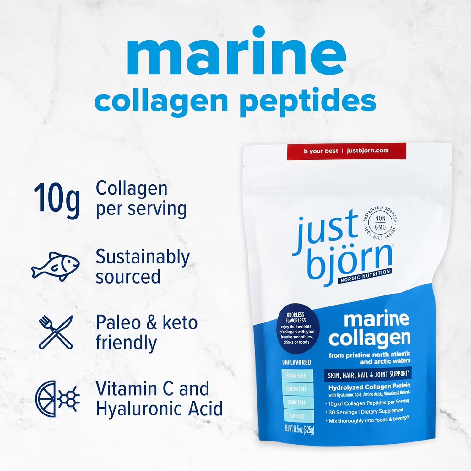 Just Bjorn Marine Collagen Peptides Powder with Hyaluronic Acid and Vitamin C for Skin, Hair, Nails, and Joints - Unflavored - 30 Servings - 11.5 oz
