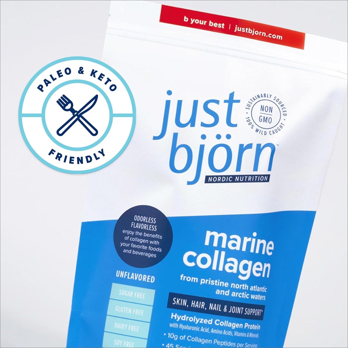 Just Bjorn Marine Collagen Peptides Powder with Hyaluronic Acid and Vitamin C for Skin, Hair, Nails, and Joints - Unflavored - 30 Servings - 11.5 oz
