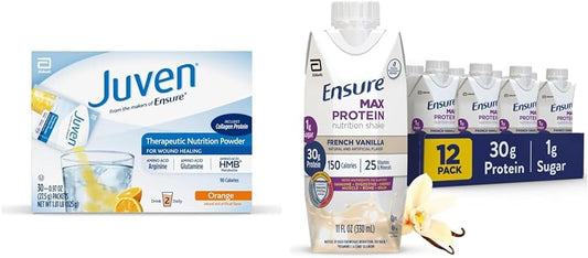 Juven Therapeutic Nutrition Drink Mix Powder for Wound Healing, 30 Count + Ensure Max Protein Nutrition Shake, French Vanilla, 12 Pack: Bundle for Optimal Healing and Protein Intake