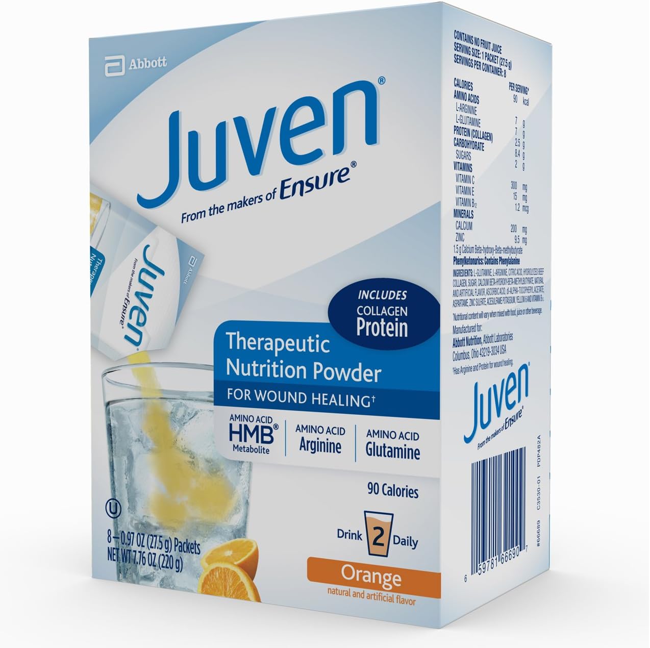 Juven Therapeutic Nutrition Drink Mix Powder with Collagen Protein for Wound Healing, Orange Flavor, 48 Pack