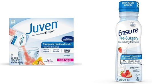 Juven Therapeutic Nutrition Drink Mix Powder with Collagen Protein for Wound Healing Support, Fruit Punch Flavor, 30 Count & Ensure Pre-Surgery Clear Carbohydrate Drink, Strawberry Flavor, 10 fl oz, 4 Count