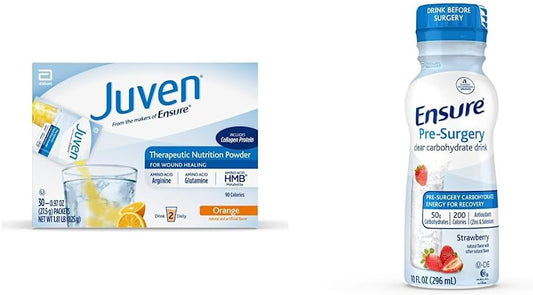 Juven Therapeutic Nutrition Drink Mix Powder with Collagen Protein for Wound Healing Support, Orange Flavor, 30 Pack & Ensure Pre-Surgery Clear Carbohydrate Drink, Strawberry, 10 fl oz, 4 Pack