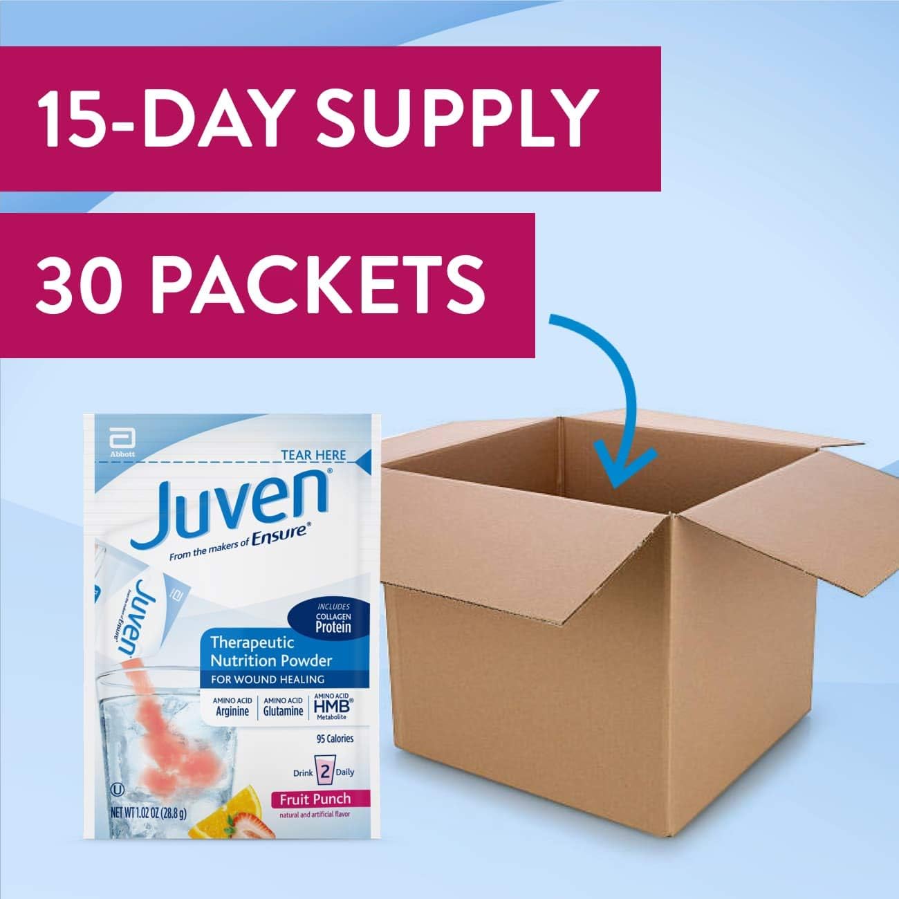 Juven Therapeutic Nutrition Drink Mix Powder with Collagen Protein for Wound Healing Support - Fruit Punch Flavor, 30 Count