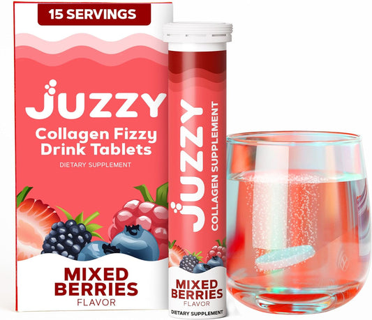 JUZZY Collagen Effervescent Tablets - Mixed Berries Flavor - 500mg Marine Collagen Peptides with Vitamins for Skin, Hair, Nails & Joints - 15 Fizzies Drink Tablets for Women and Men