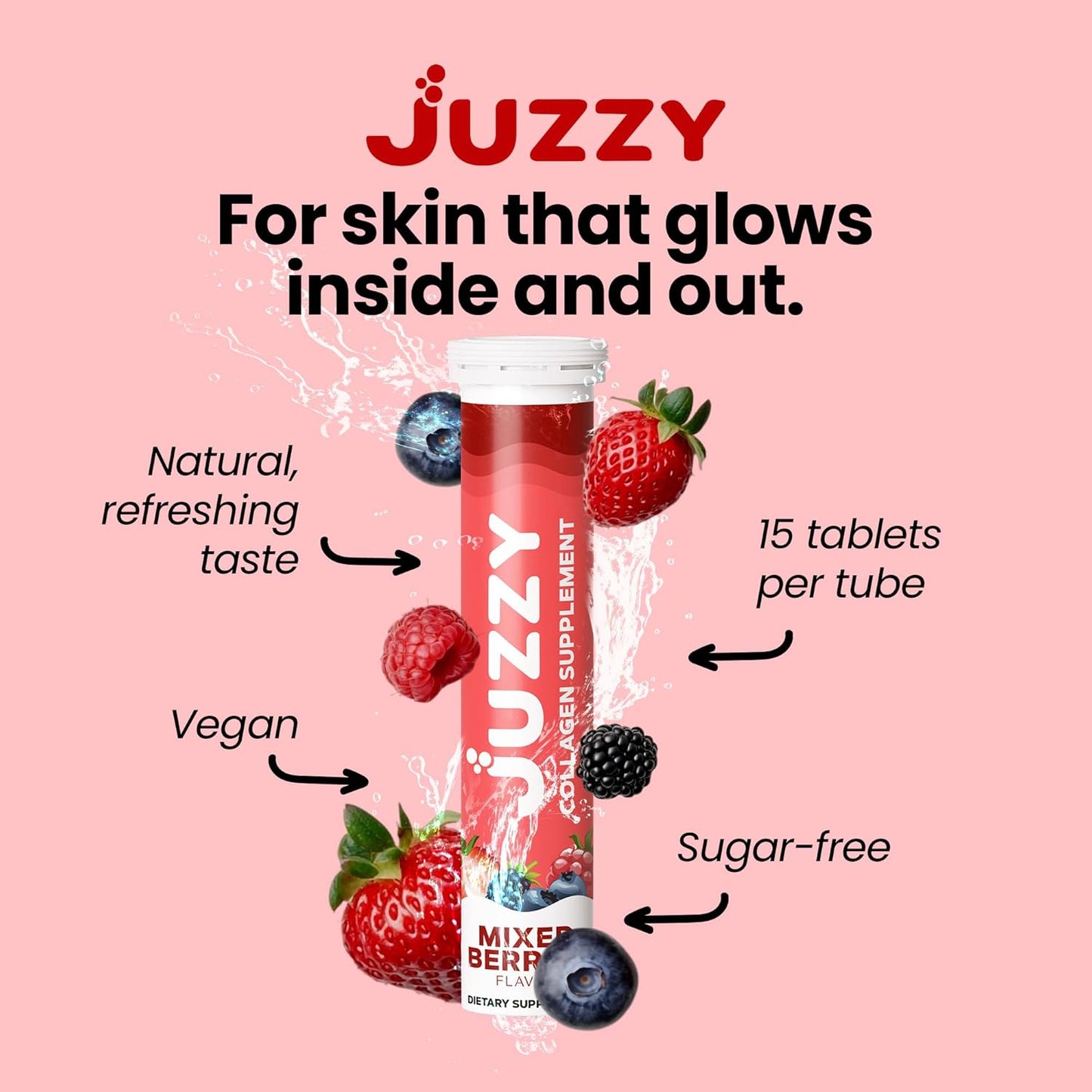 JUZZY Collagen Effervescent Tablets - Mixed Berries Flavor - 500mg Marine Collagen Peptides with Vitamins for Skin, Hair, Nails & Joints - 15 Fizzies Drink Tablets for Women and Men