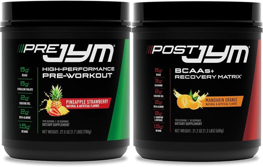 JYM Bundle: Pre-Workout Pineapple Strawberry & Post-Workout Mandarin Orange Formula with BCAA's, Glutamine, Creatine HCL, Beta-Alanine - 30 Servings