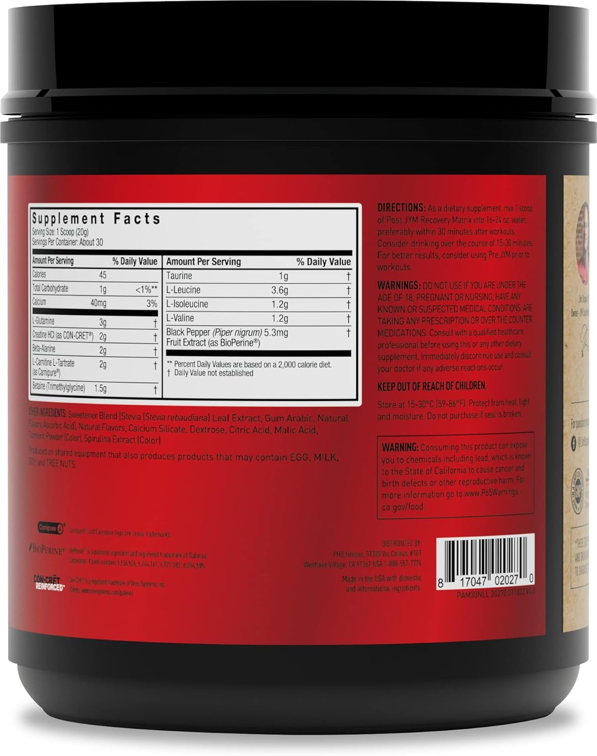 JYM Post-Workout Supplement with BCAA's, Glutamine, Creatine HCL, Beta-Alanine - Natural Lemon Lime Flavor - 30 Servings