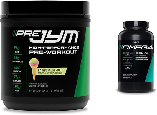 JYM Pre Jym Rainbow Sherbet & Omega JYM Fish Oil Bundle - 30 Servings & 120 Softgels