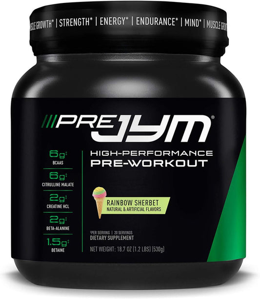 JYM Pre Workout Powder with BCAAs, Creatine HCI, Citrulline Malate, Beta-Alanine, Betaine | Rainbow Sherbert Flavor | 20 Servings