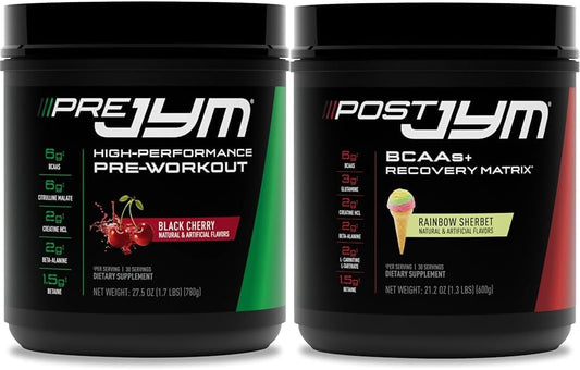 JYM Supplement Science Pre and Post Workout Bundle - Black Cherry & Rainbow Sherbet Flavors, 30 Servings for Muscle Recovery