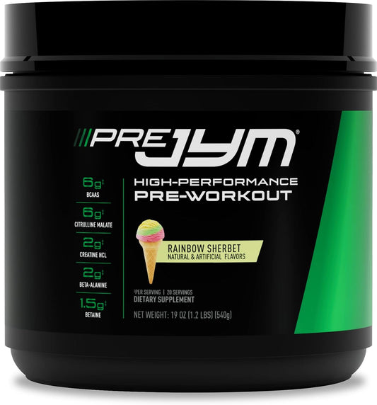 JYM Supplement Science Pre JYM Rainbow Sherbet Pre Workout Powder - Men & Women, BCAAs, Nootropics, Creatine HCI, Citrulline, Beta-Alanine, Betaine, Taurine, Huperzine - 20 Servings
