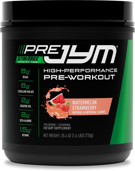 JYM Supplement Science Pre JYM Stim-Free Watermelon Strawberry Pre-Workout Powder with Creatine & BCAA's - Caffeine-Free Energy Boost - 30 Servings