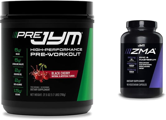 JYM Supplement Science Pre-Workout and ZMA Capsules Combo - Black Cherry Flavor - 90 Vegetarian Capsules | Zinc, Magnesium, Vitamin B6 | 30 Servings