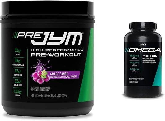JYM Supplement Science Pre Workout Powder & Omega JYM Fish Oil Combo - Grape Candy Flavor, 120 Count