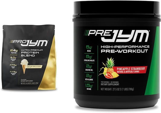 JYM Supplement Science Protein and Pre-Workout Bundle - Vanilla Bean and Pineapple Strawberry Flavors