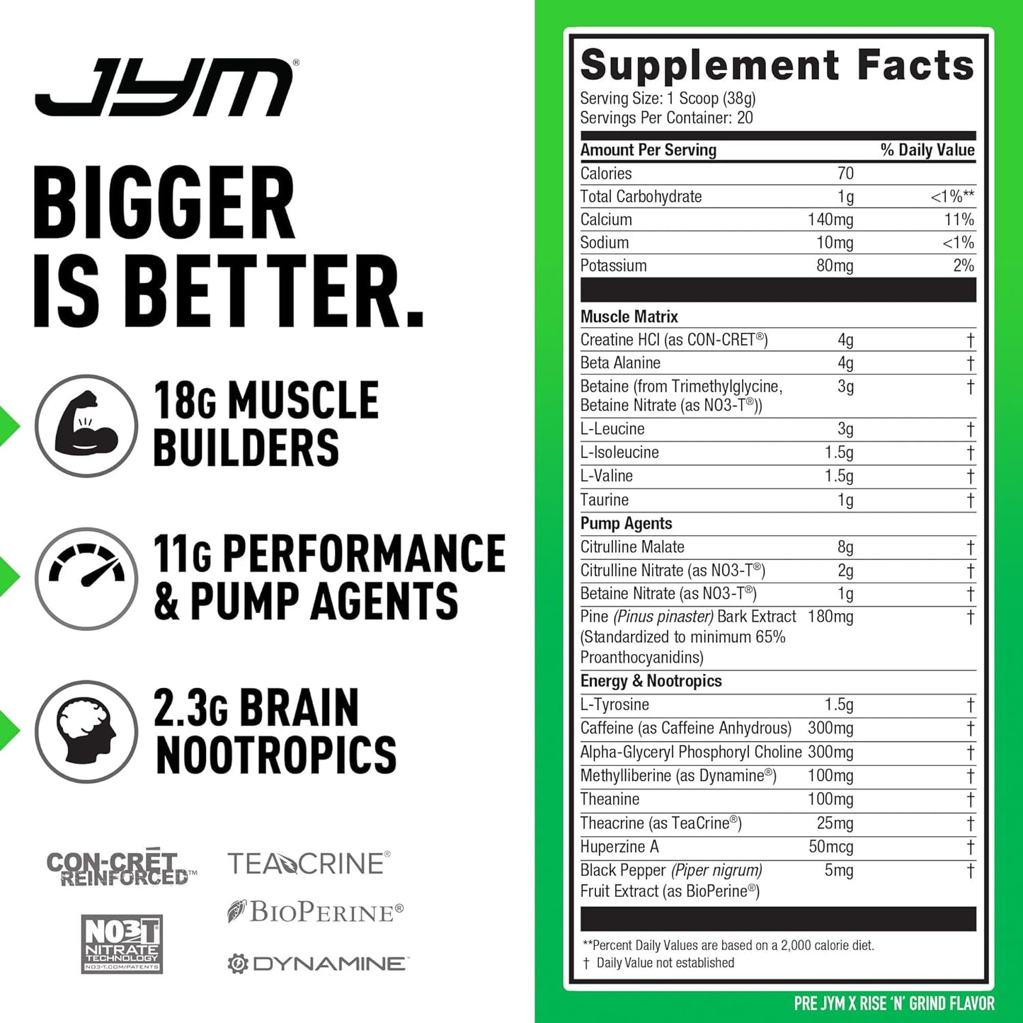 JYM Supplement Science Rise N' Grind Pre-Workout Powder with Citrulline Nitrate, Dynamine, and Nootropics - 20 Servings