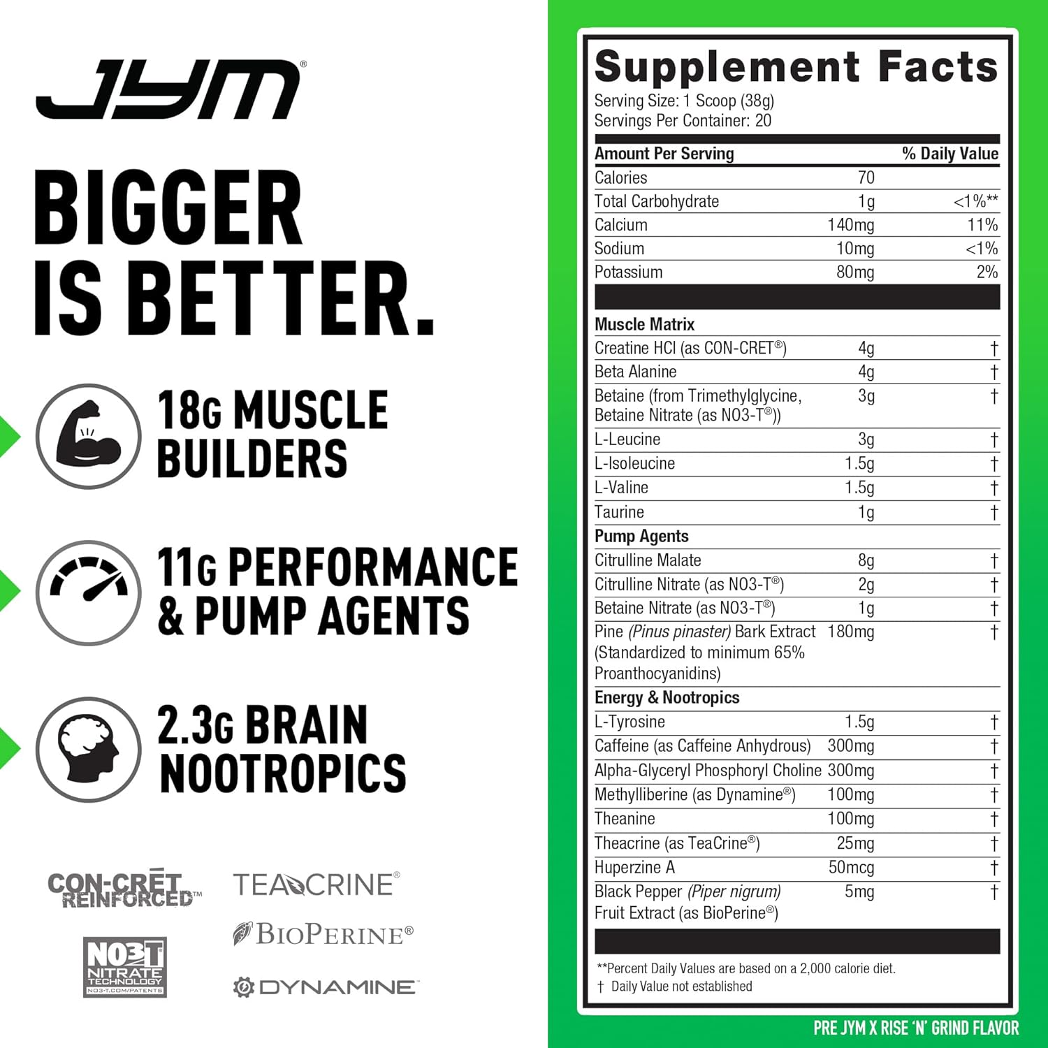 JYM Supplement Science Rise N' Grind Pre-Workout Powder with Citrulline Nitrate, Dynamine, and Nootropics - 20 Servings
