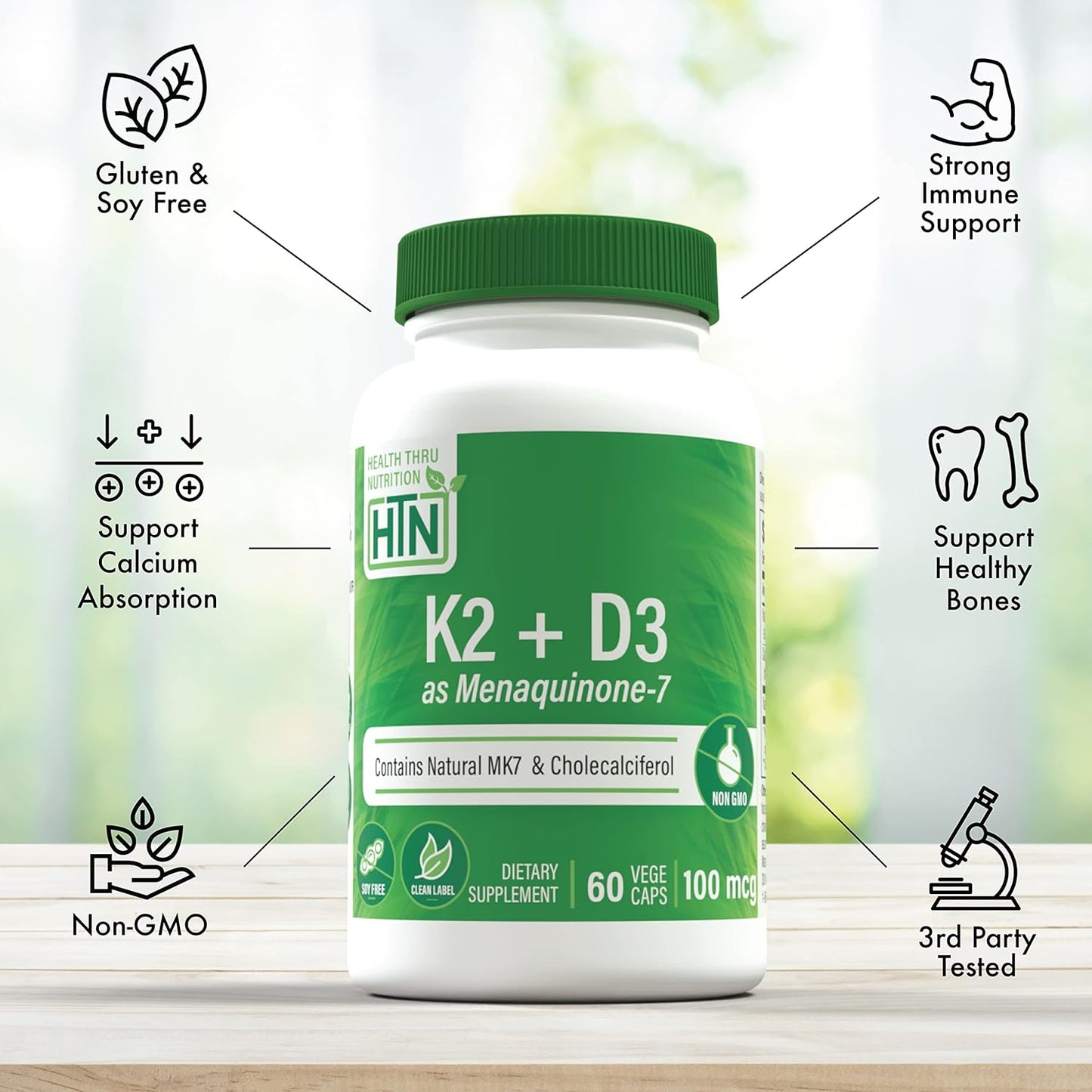 K2 + D3 Complex by Health Thru Nutrition | MenaQ7 MK-7 & D3 1,000iu | Non-GMO | 60 Count