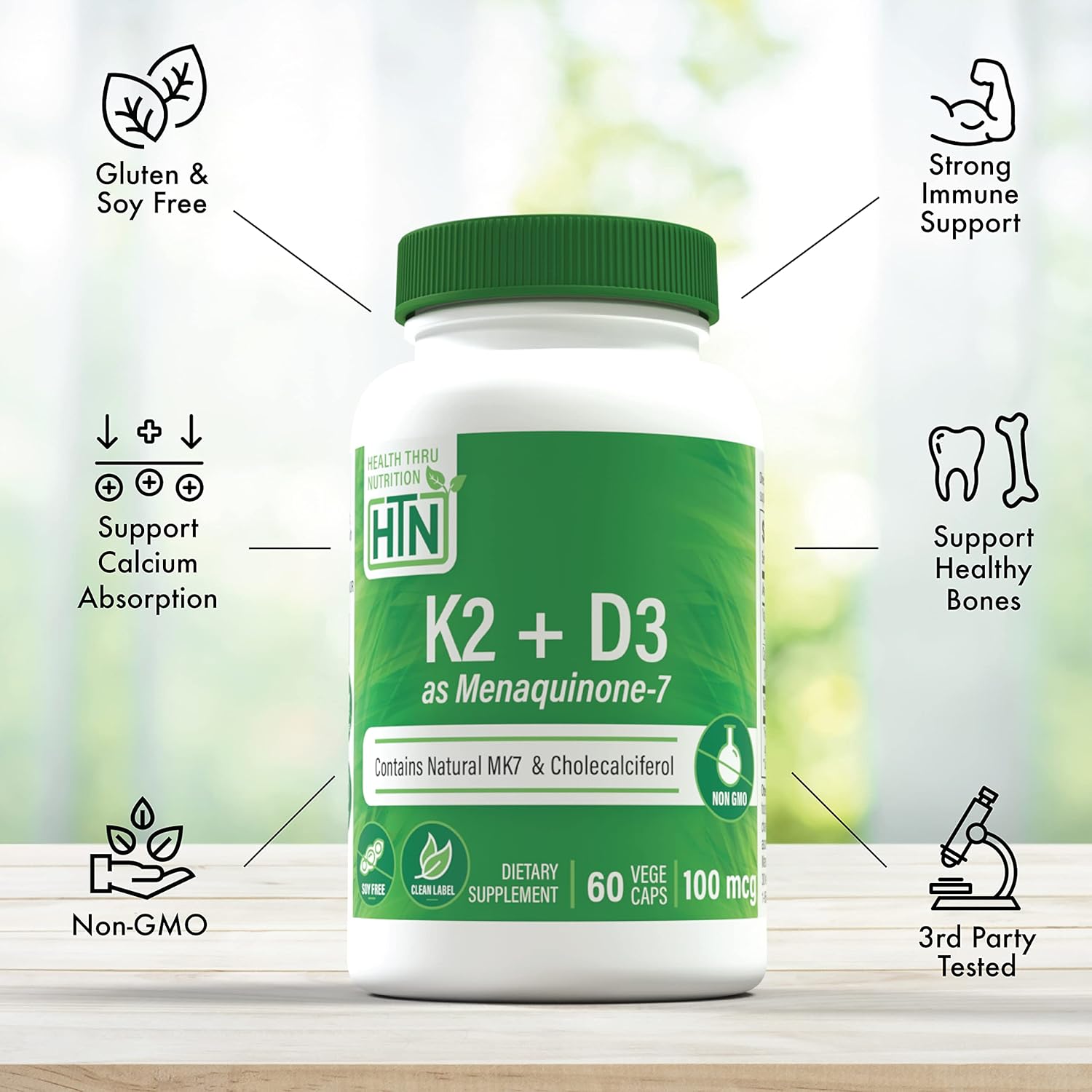 K2 + D3 Complex by Health Thru Nutrition | MenaQ7 MK-7 & D3 1,000iu | Non-GMO | 60 Count