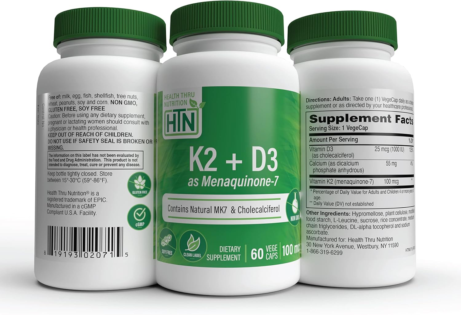 K2 + D3 Complex by Health Thru Nutrition | MenaQ7 MK-7 & D3 1,000iu | Non-GMO | 60 Count