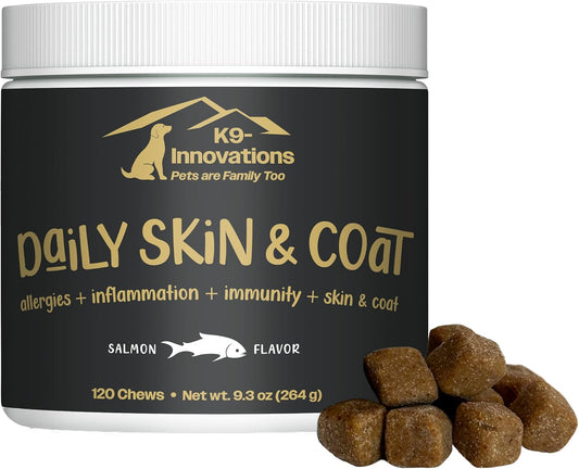 K9-Innovations Salmon Flavor Skin & Coat Dog Chews - Omega 3 & VIT C for Healthy Skin - 1-4 Month Supply (120qty)