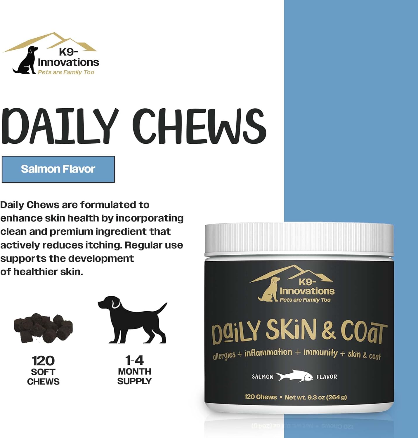 K9-Innovations Salmon Flavor Skin & Coat Dog Chews - Omega 3 & VIT C for Healthy Skin - 1-4 Month Supply (120qty)