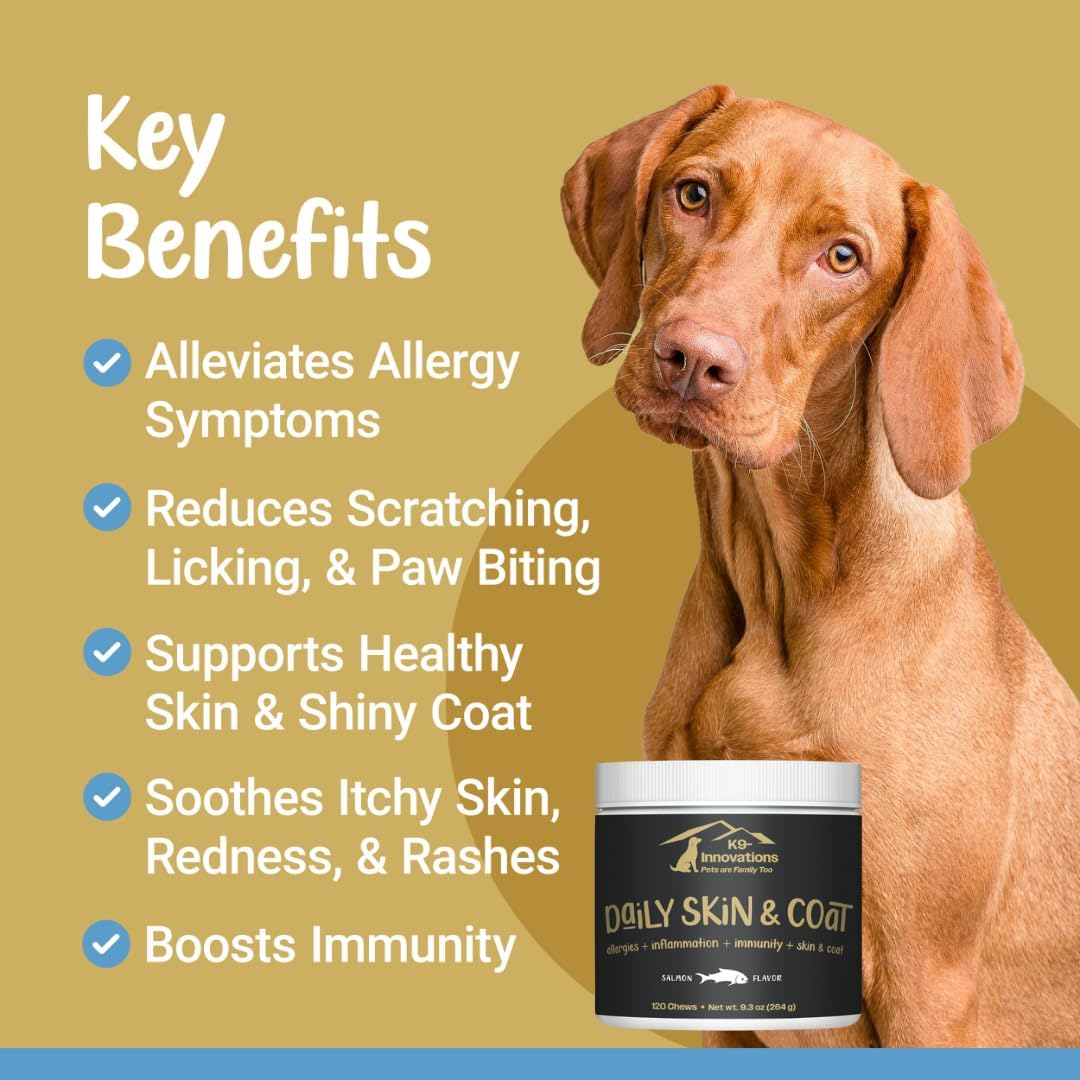 K9-Innovations Salmon Flavor Skin & Coat Dog Chews - Omega 3 & VIT C for Healthy Skin - 1-4 Month Supply (120qty)