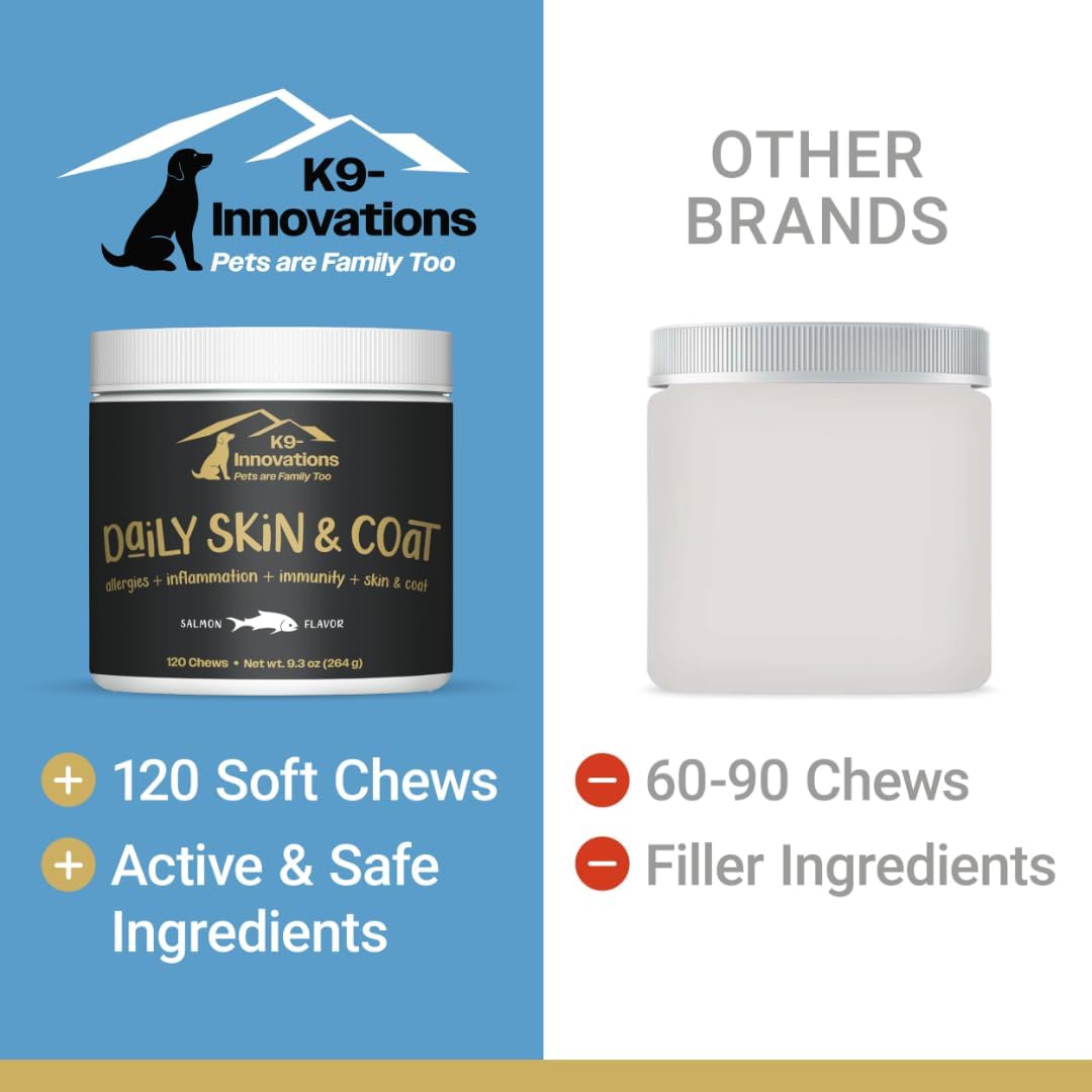 K9-Innovations Salmon Flavor Skin & Coat Dog Chews - Omega 3 & VIT C for Healthy Skin - 1-4 Month Supply (120qty)