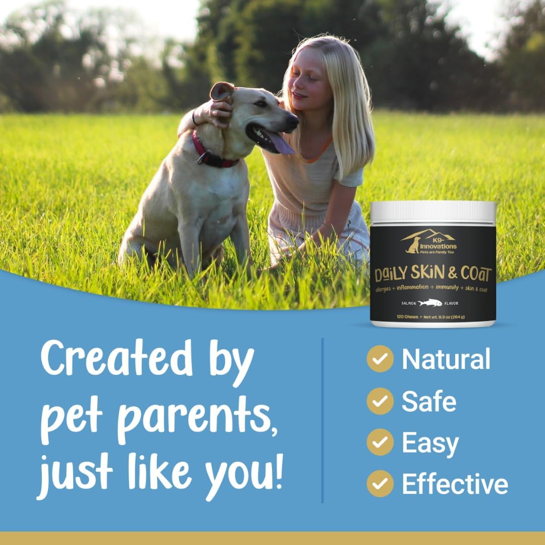 K9-Innovations Salmon Flavor Skin & Coat Dog Chews - Omega 3 & VIT C for Healthy Skin - 1-4 Month Supply (120qty)