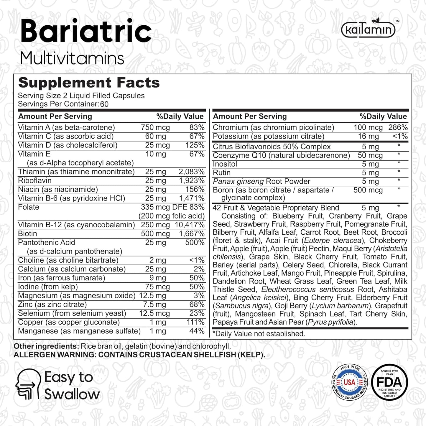 Kaitamin Bariatric Multivitamin with Iron - Liquid Capsules, 42 Fruit & Veggie Blend - 120 Capsules, 2 Month Supply
