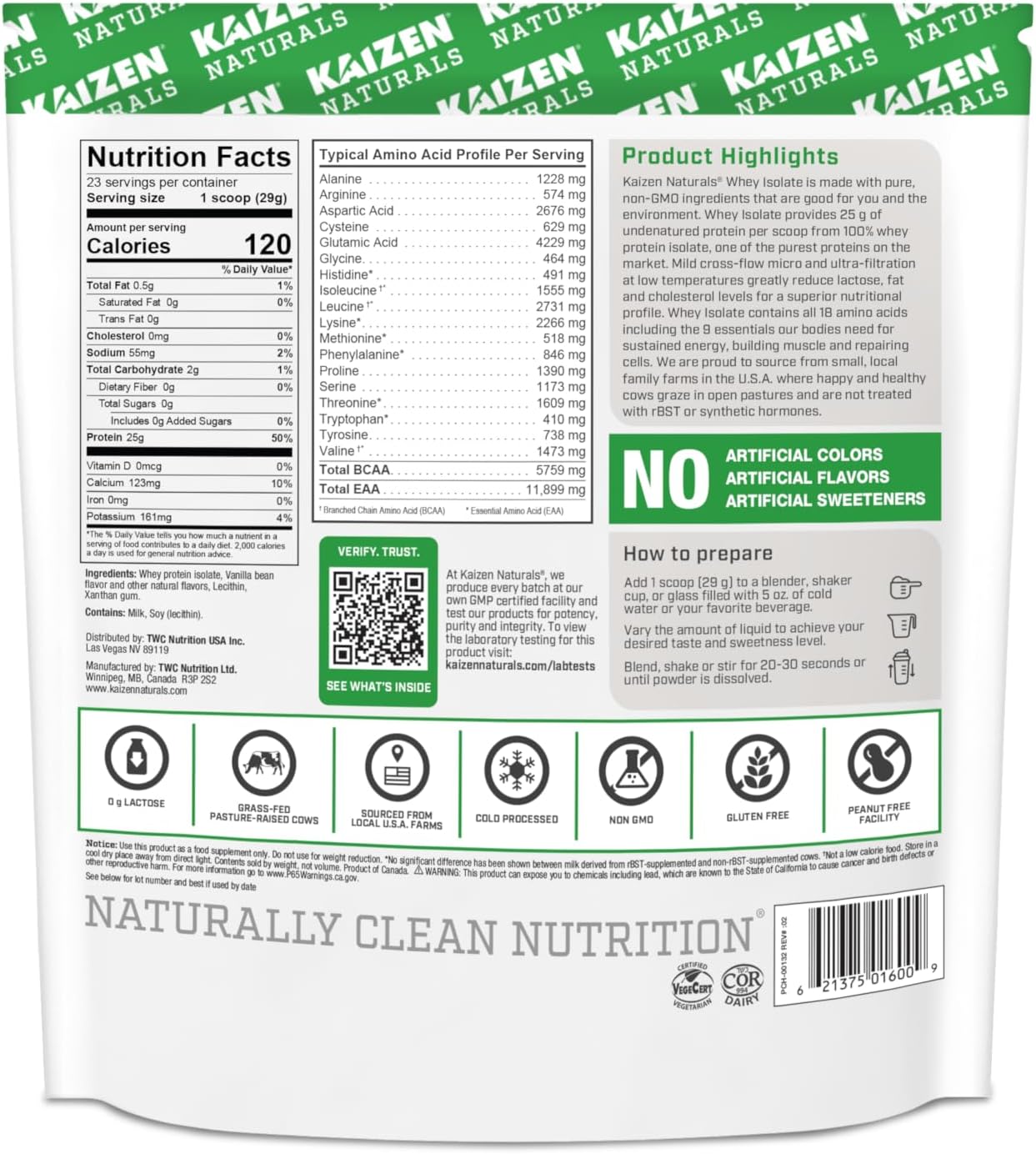 Kaizen Naturals Grass-Fed Whey Isolate: Non-GMO, Lactose & Gluten Free, 5.7g BCAA, 2.7g Leucine, 11.9g EAA, Locally Sourced, 22 Servings, 1.5lb