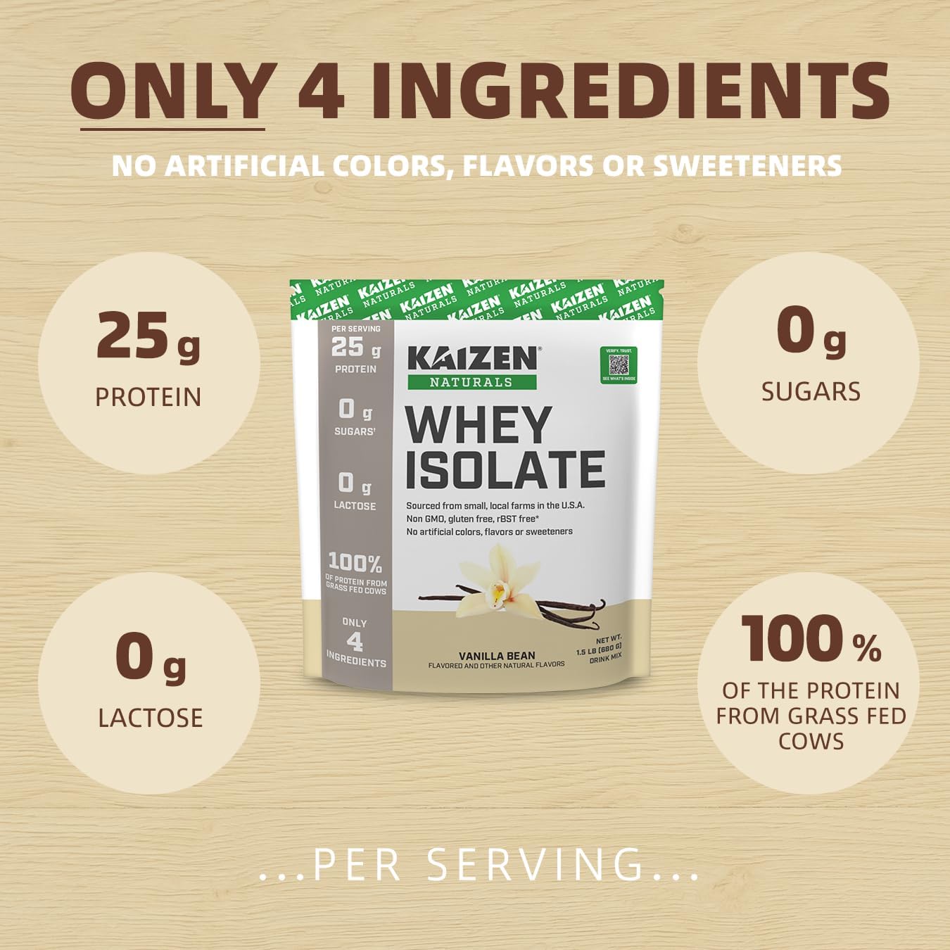 Kaizen Naturals Grass-Fed Whey Isolate: Non-GMO, Lactose & Gluten Free, 5.7g BCAA, 2.7g Leucine, 11.9g EAA, Locally Sourced, 22 Servings, 1.5lb