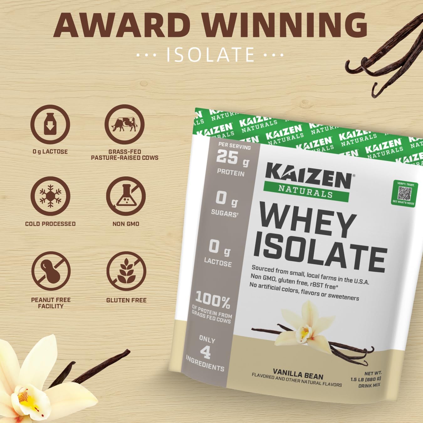 Kaizen Naturals Grass-Fed Whey Isolate: Non-GMO, Lactose & Gluten Free, 5.7g BCAA, 2.7g Leucine, 11.9g EAA, Locally Sourced, 22 Servings, 1.5lb