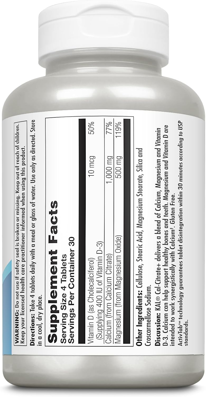 KAL Cal-Citrate+ with Vitamin D-3 and Magnesium for Bone and Teeth Support - 120 Tablets