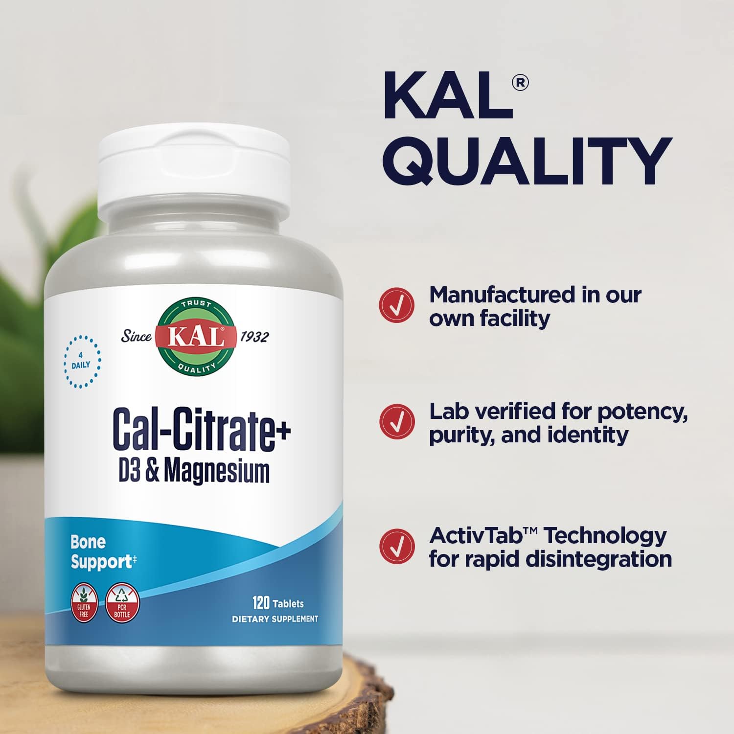 KAL Cal-Citrate+ with Vitamin D-3 and Magnesium for Bone and Teeth Support - 120 Tablets