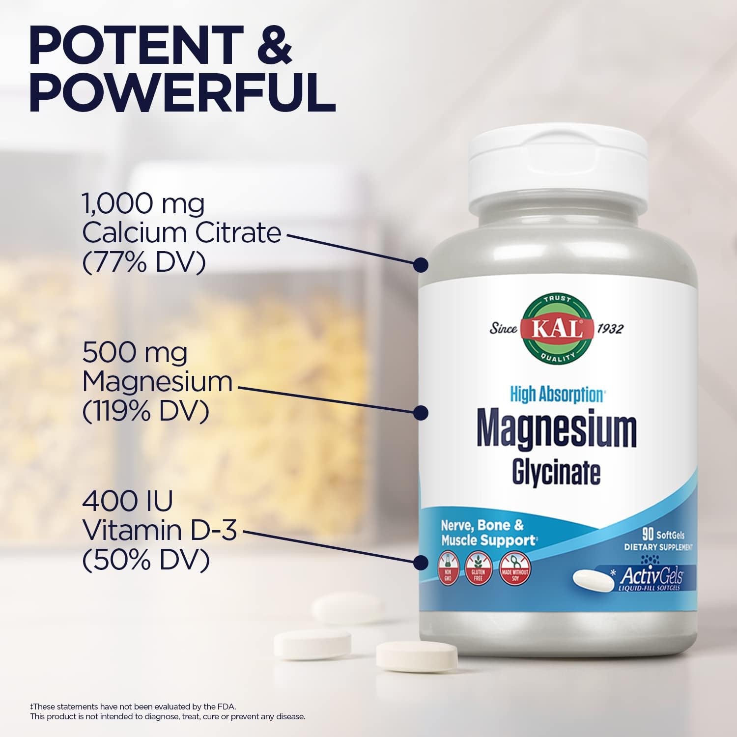 KAL Cal-Citrate+ with Vitamin D-3 and Magnesium for Bone and Teeth Support - 120 Tablets