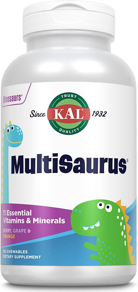 KAL MultiSaurus Kids Chewable Multivitamins - Berry, Grape, Orange Flavors - Gluten & Fructose Free - 180 Dinosaur-Shaped Chewables - 180 Servings