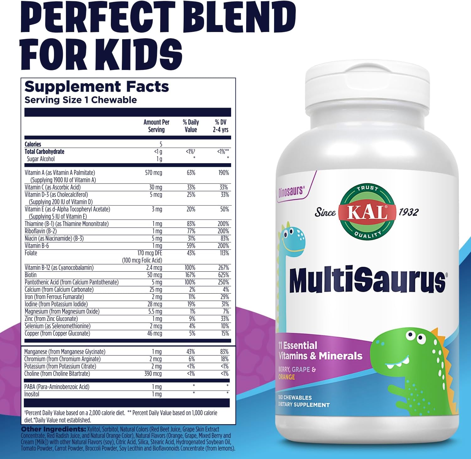 KAL MultiSaurus Kids Chewable Multivitamins - Berry, Grape, Orange Flavors - Gluten & Fructose Free - 180 Dinosaur-Shaped Chewables - 180 Servings