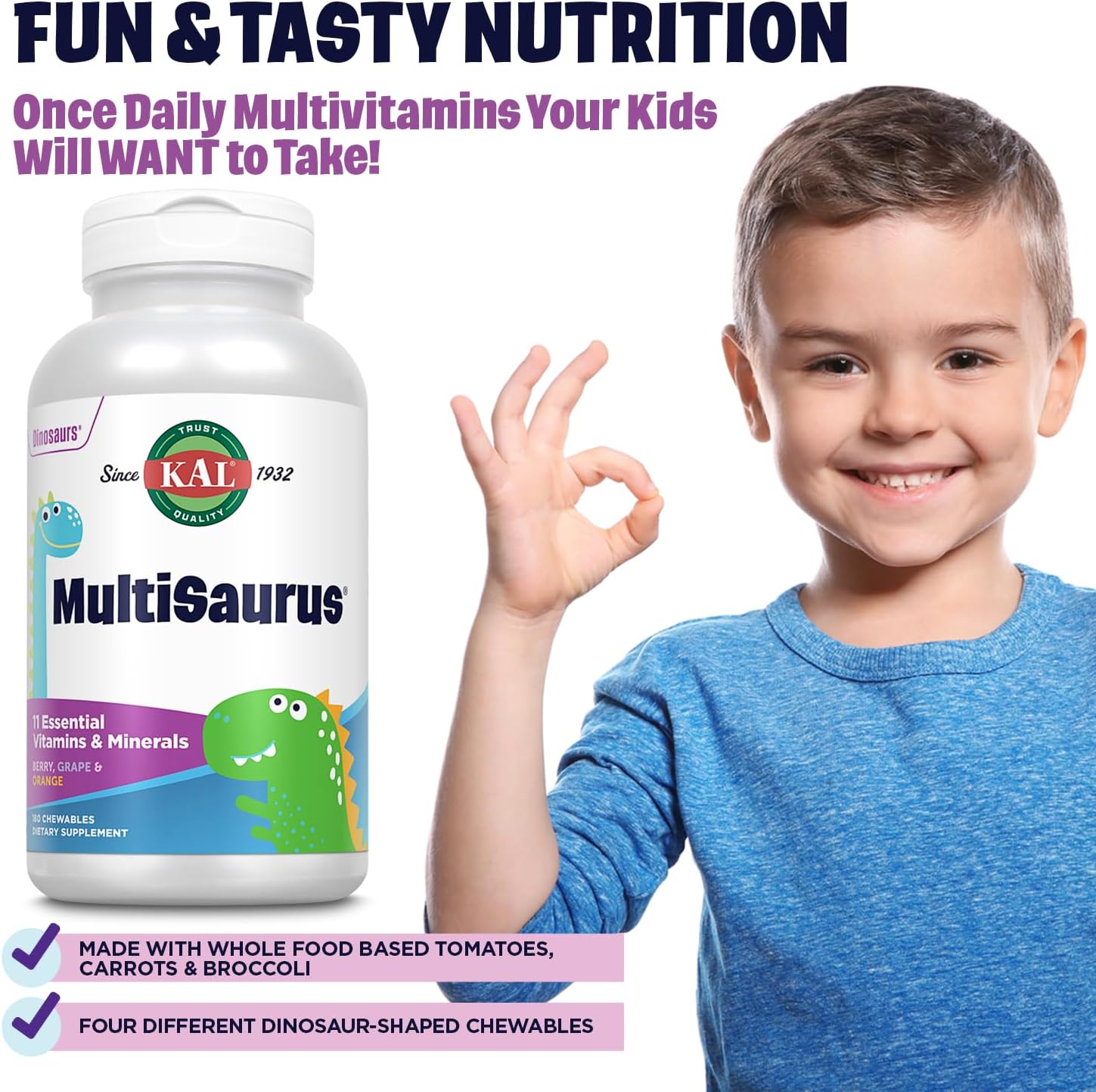 KAL MultiSaurus Kids Chewable Multivitamins - Berry, Grape, Orange Flavors - Gluten & Fructose Free - 180 Dinosaur-Shaped Chewables - 180 Servings