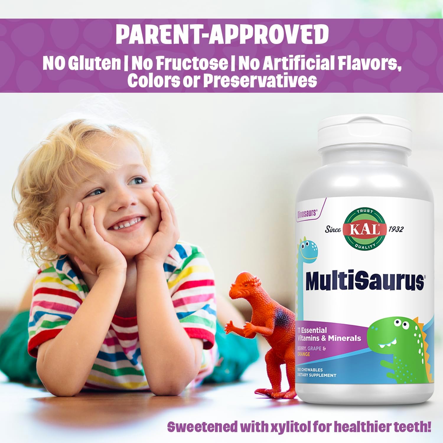 KAL MultiSaurus Kids Chewable Multivitamins - Berry, Grape, Orange Flavors - Gluten & Fructose Free - 180 Dinosaur-Shaped Chewables - 180 Servings