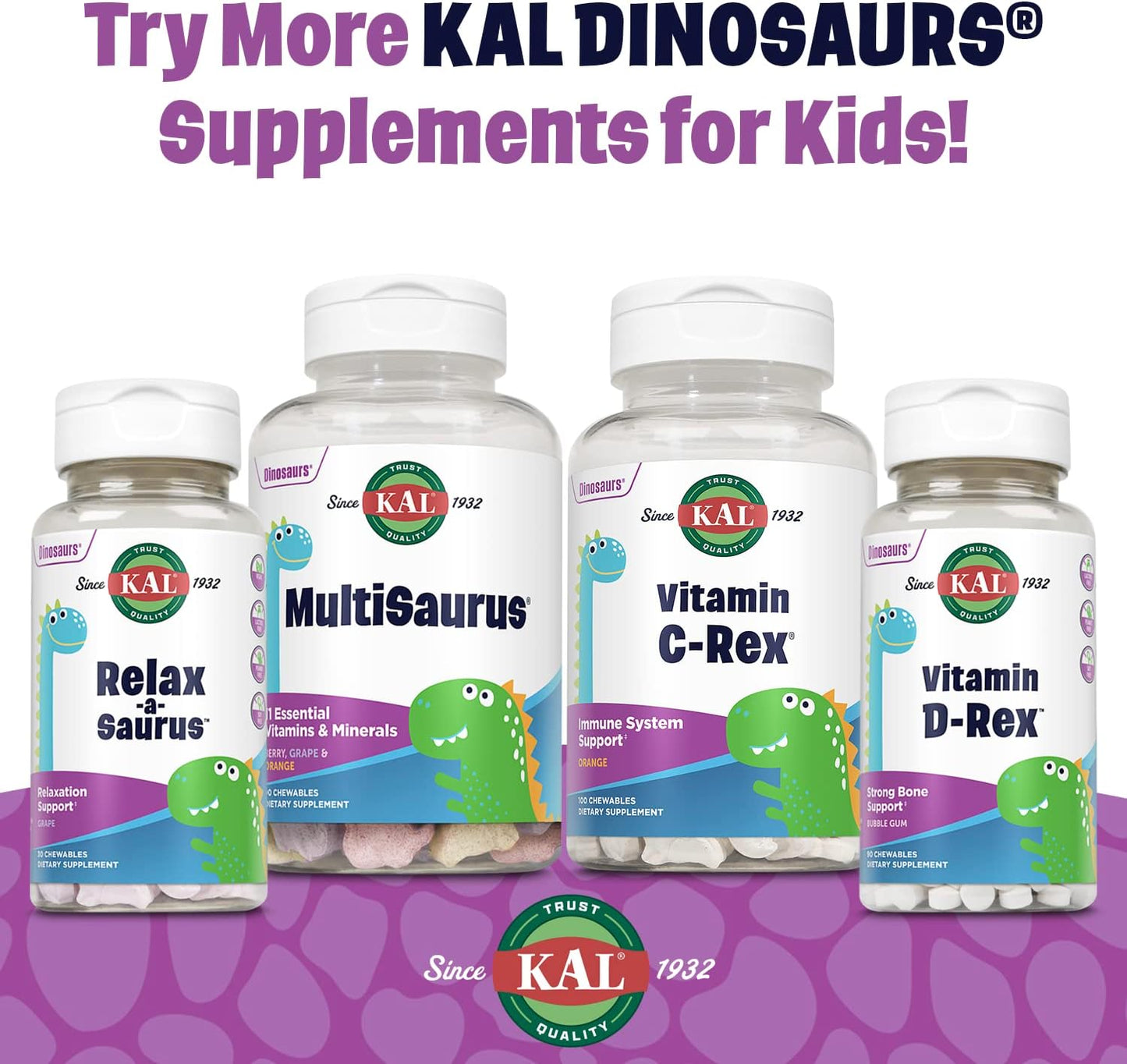 KAL MultiSaurus Kids Chewable Multivitamins - Berry, Grape, Orange Flavors - Gluten & Fructose Free - 180 Dinosaur-Shaped Chewables - 180 Servings