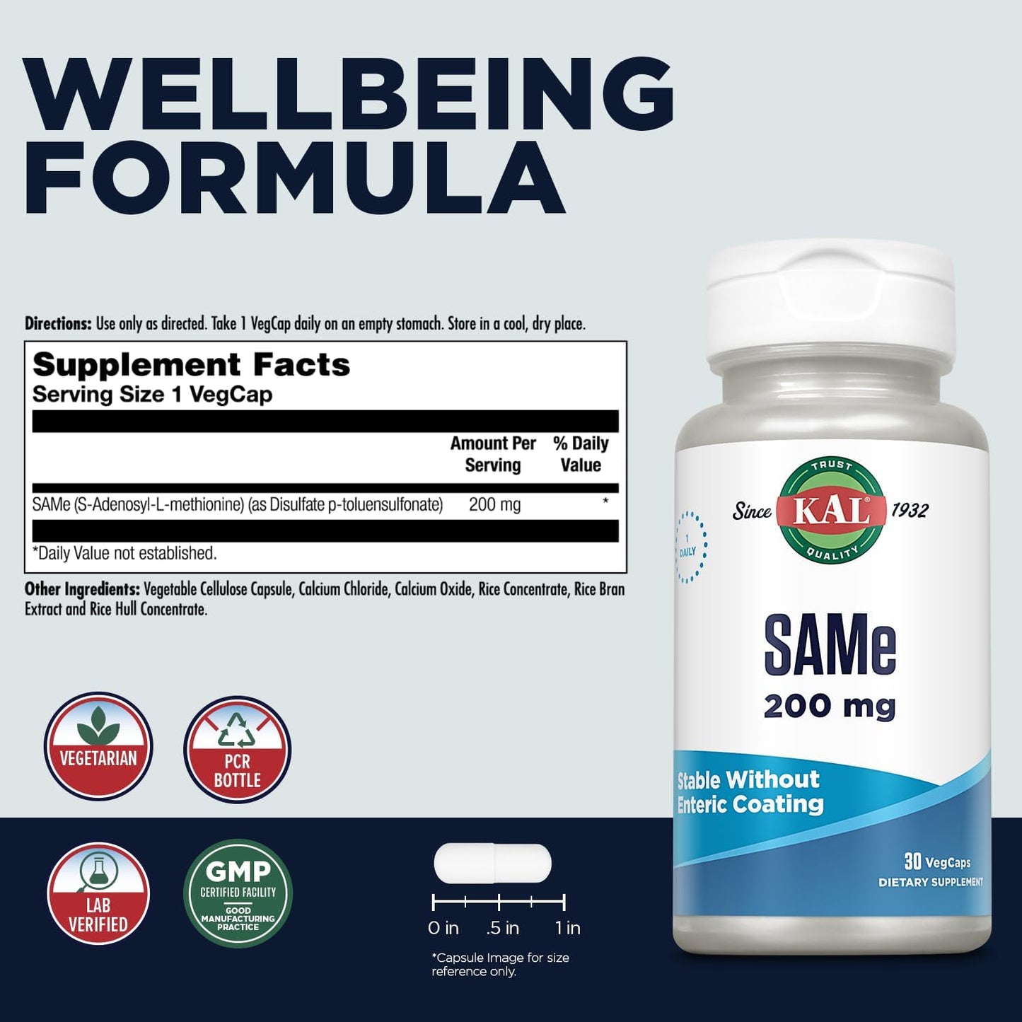 KAL Same 200mg Supplement for Nervous System Support - Enhanced Absorption, Vegetarian, 30 VegCaps, 60-Day Guarantee