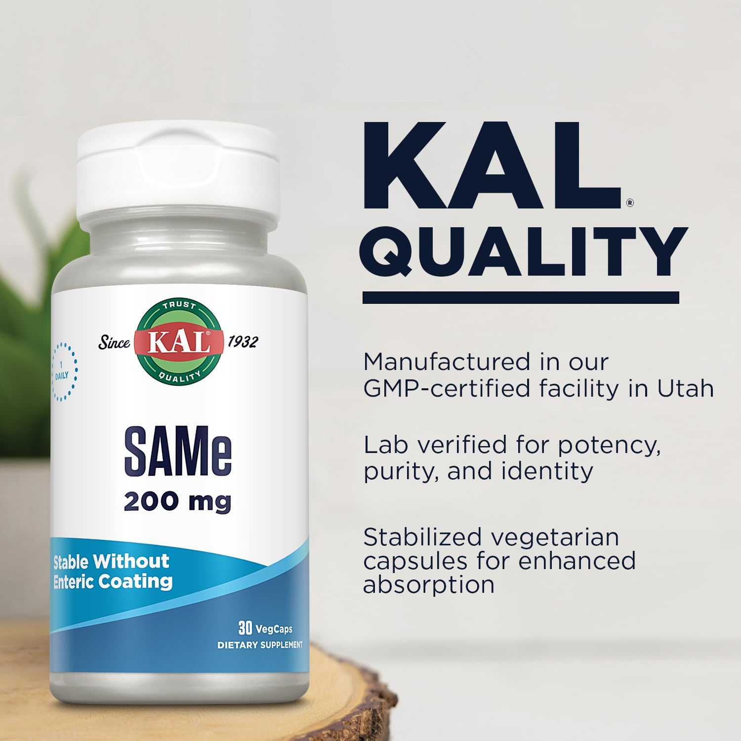KAL Same 200mg Supplement for Nervous System Support - Enhanced Absorption, Vegetarian, 30 VegCaps, 60-Day Guarantee