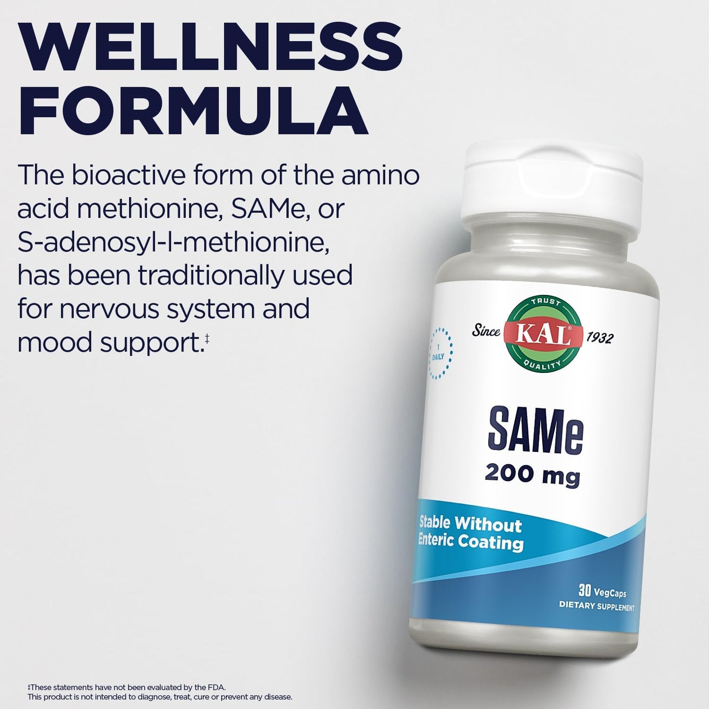 KAL Same 200mg Supplement for Nervous System Support - Enhanced Absorption, Vegetarian, 30 VegCaps, 60-Day Guarantee