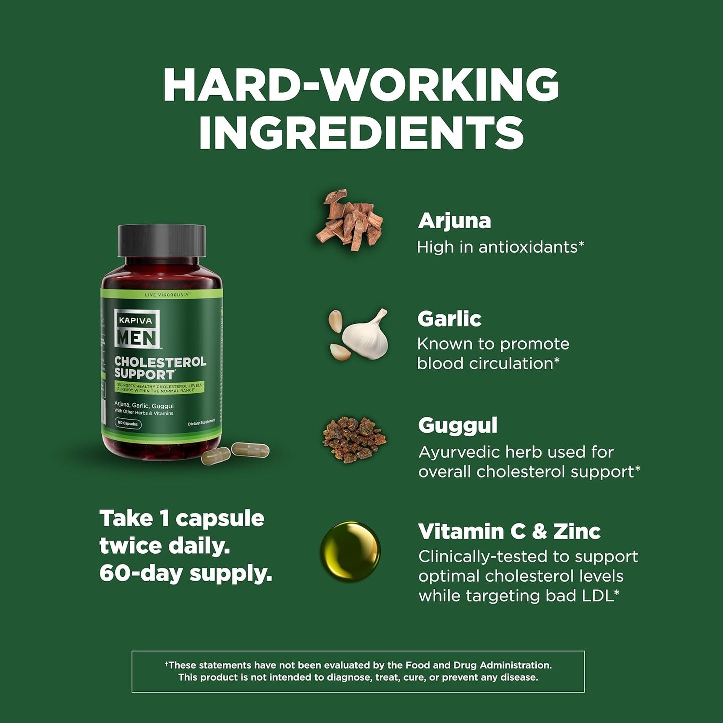 KAPIVA MEN Cholesterol Support Supplement with Arjuna, Garlic, Guggul - 60 Day Supply, 120 Capsules - Promotes Healthy Cholesterol Levels