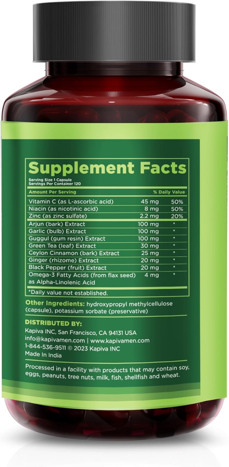 KAPIVA MEN Cholesterol Support Supplement with Arjuna, Garlic, Guggul - 60 Day Supply, 120 Capsules - Promotes Healthy Cholesterol Levels